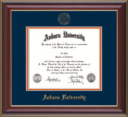 This is a Auburn University Diploma Frame - Cherry Lacquer - w/Embossed Seal & Name - Navy on Orange mat