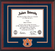 Image of Auburn University Diploma Frame - Cherry Reverse - w/Laser AU Logo Cutout - Navy on Orange mat