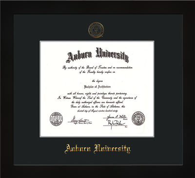 Image of Auburn University Diploma Frame - Flat Matte Black - w/Embossed Seal & Name - Single Black Mat