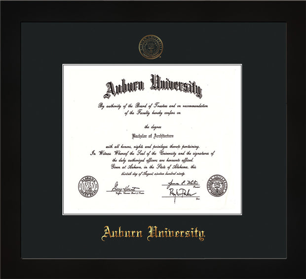 Image of Auburn University Diploma Frame - Flat Matte Black - w/Embossed Seal & Name - Single Black Mat