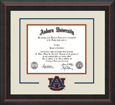 Image of Auburn University Diploma Frame - Mahogany Braid - w/Laser AU Logo Cutout - Cream on Navy on Orange mat