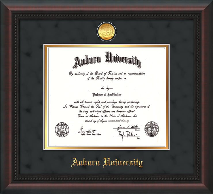Image of Auburn University Diploma Frame - Mahogany Braid - w/24k Gold-plated Medallion - Black Suede on Gold mat
