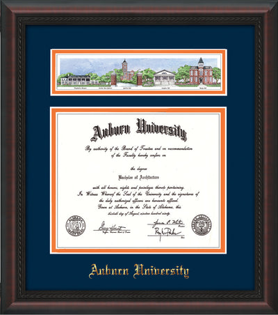 Image of Auburn University Diploma Frame - Mahogany Braid - w/Embossed School Name Only - Campus Collage - Navy on Orange mat