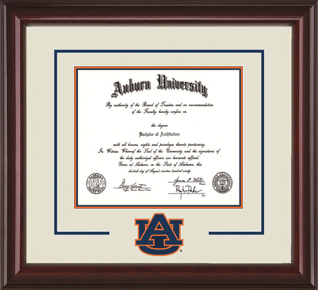 Image of Auburn University Diploma Frame - Mahogany Lacquer - w/Laser AU Logo Cutout - Cream on Navy on Orange mat