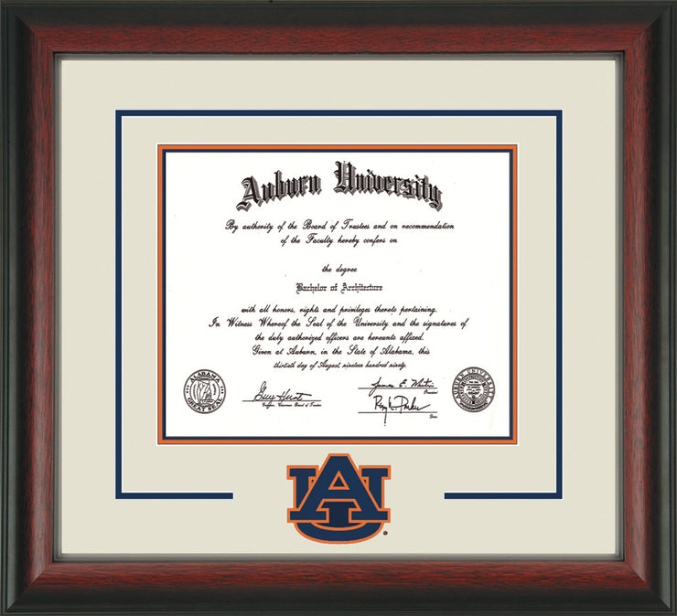 Image of Auburn University Diploma Frame - Rosewood - w/Laser AU Logo Cutout - Cream on Navy on Orange mat