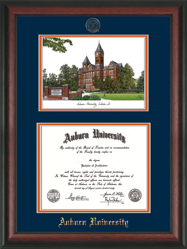Image of Auburn University Diploma Frame - Rosewood - w/Embossed Seal & Name - Campus Watercolor - Navy on Orange mat