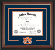 Image of Auburn University Diploma Frame - Rosewood w/Gold Lip - w/Laser AU Logo Cutout - Navy on Orange mat