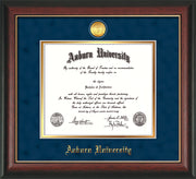 Image of Auburn University Diploma Frame - Rosewood w/Gold Lip - w/24k Gold-plated Medallion - Navy Suede on Gold mat