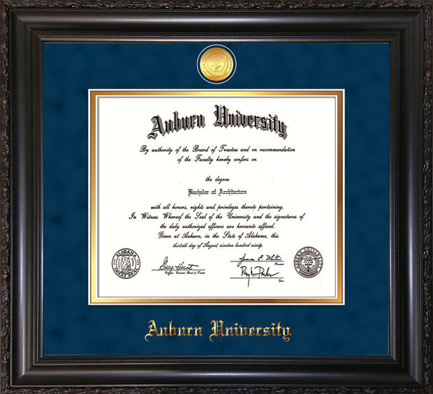 Image of Auburn University Diploma Frame - Vintage Black Scoop - w/24k Gold-plated Medallion - Navy Suede on Gold mat