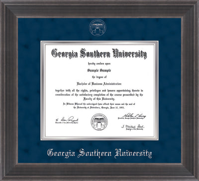 Image of Georgia Southern University Diploma Frame - Metro Antique Pewter Double - w/Silver Embossed Seal & Name - Navy Suede on Silver mat