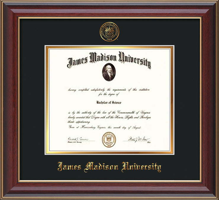 Image of James Madison University Diploma Frame - Cherry Lacquer - w/Embossed Seal & Name - Black on Gold mat