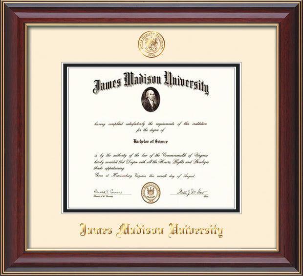 Image of James Madison University Diploma Frame - Cherry Lacquer - w/Embossed Seal & Name - Cream on Black mat
