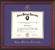 Image of ames Madison University Diploma Frame - Cherry Reverse - w/Embossed Seal & Name - Purple Suede on Gold mat