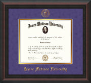 Image of James Madison University Diploma Frame - Mahogany Braid - w/Embossed Seal & Name - Purple Suede on Gold mat