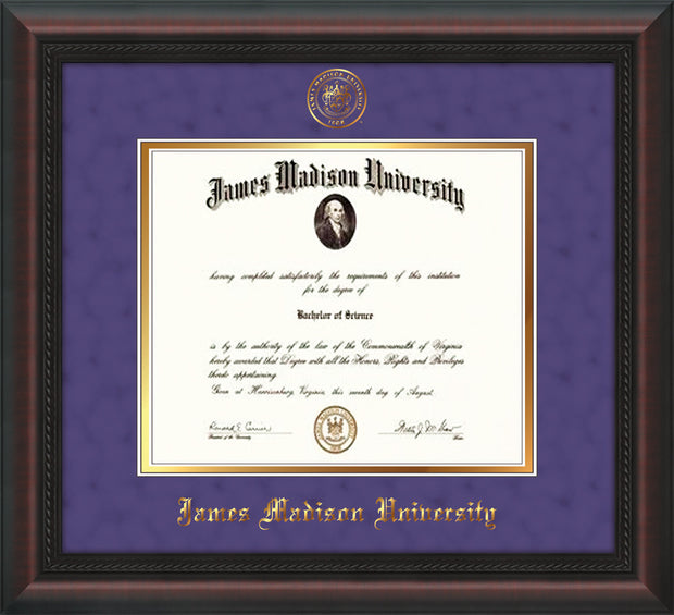 Image of James Madison University Diploma Frame - Mahogany Braid - w/Embossed Seal & Name - Purple Suede on Gold mat