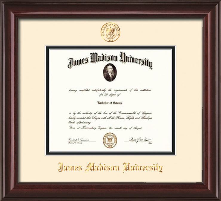 Image of James Madison University Diploma Frame - Mahogany Lacquer - w/Embossed Seal & Name - Cream on Black mat