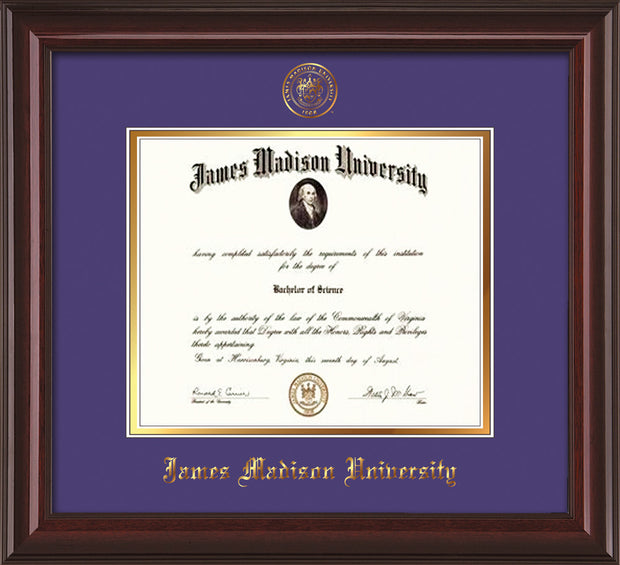 Image of James Madison University Diploma Frame - Mahogany Lacquer - w/Embossed Seal & Name - Purple on Gold mat