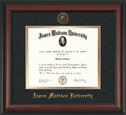 Image of James Madison University Diploma Frame - Rosewood - w/Embossed Seal & Name - Black Suede on Gold mat