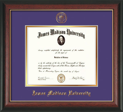 Image of James Madison University Diploma Frame - Rosewood w/Gold Lip - w/Embossed Seal & Name - Purple on Gold mat
