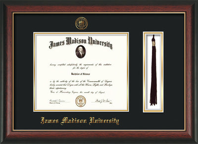 Image of James Madison University Diploma Frame - Rosewood w/Gold Lip - w/Embossed Seal & Name - Tassel Holder - Black on Gold mat