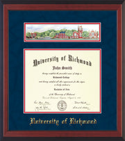 Image of University of Richmond Diploma Frame - Cherry Reverse - w/Embossed School Name Only - Campus Collage - Navy Suede on Red mat