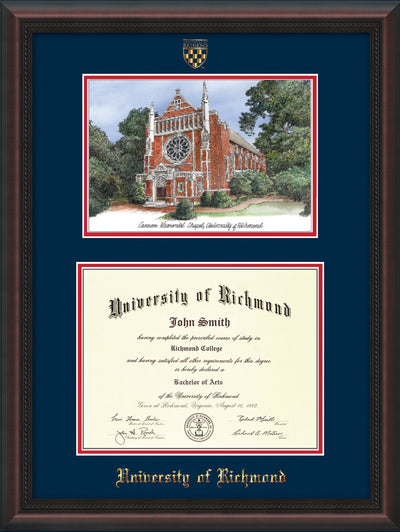 Image of University of Richmond Diploma Frame - Mahogany Braid - w/Embossed Seal & Name - Watercolor - Navy on Red mats