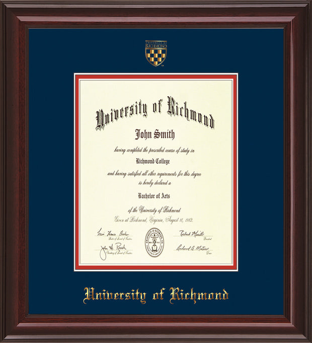 University of Richmond Diploma Frame - Mahogany Lacquer - w/Embossed Seal & Name - Navy on Red mats