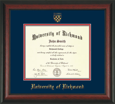 Image of University of Richmond Diploma Frame - Rosewood - w/Embossed Seal & Name - Navy on Red mats