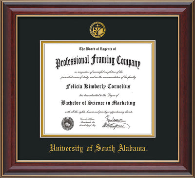 Image of University of South Alabama Diploma Frame - Cherry Lacquer - w/USA Embossed Seal & Name - Black on Gold mats