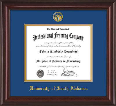 Image of University of South Alabama Diploma Frame - Mahogany Lacquer - w/USA Embossed Seal & Name - Royal Blue on Gold mats