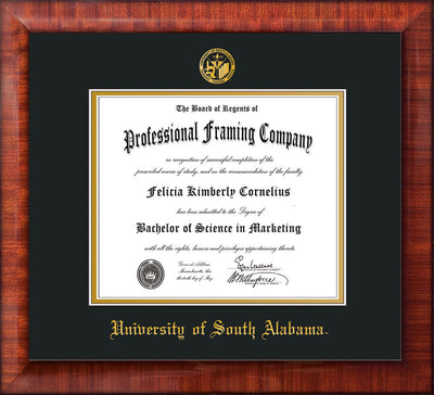 Image of University of South Alabama Diploma Frame - Mezzo Gloss - w/USA Embossed Seal & Name - Black on Gold mats