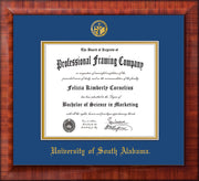 Image of University of South Alabama Diploma Frame - Mezzo Gloss - w/USA Embossed Seal & Name - Royal Blue on Gold mats