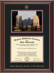 Image of Virginia Tech Diploma Frame - Cherry Lacquer - w/Embossed VT Seal & Name - w/War Memorial Campus Watercolor - Black on Maroon mat