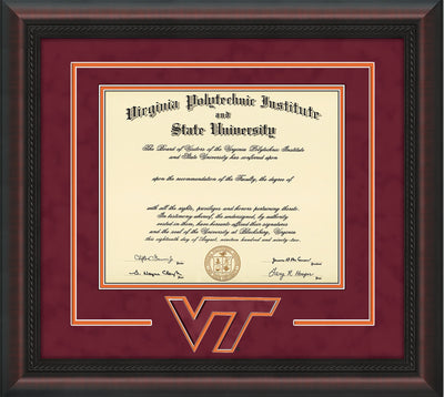 Image of Virginia Tech Diploma Frame - Mahogany Braid - w/3D Laser VT Logo Cutout - Maroon Suede on Orange mat