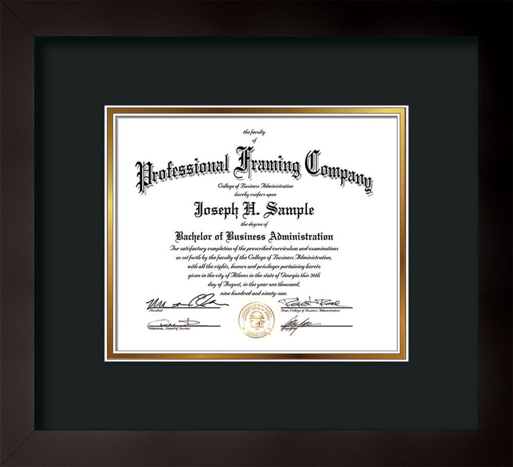 Horizontal view of the Custom Flat Matte Black Art and Document Frame with Black on Gold Mat