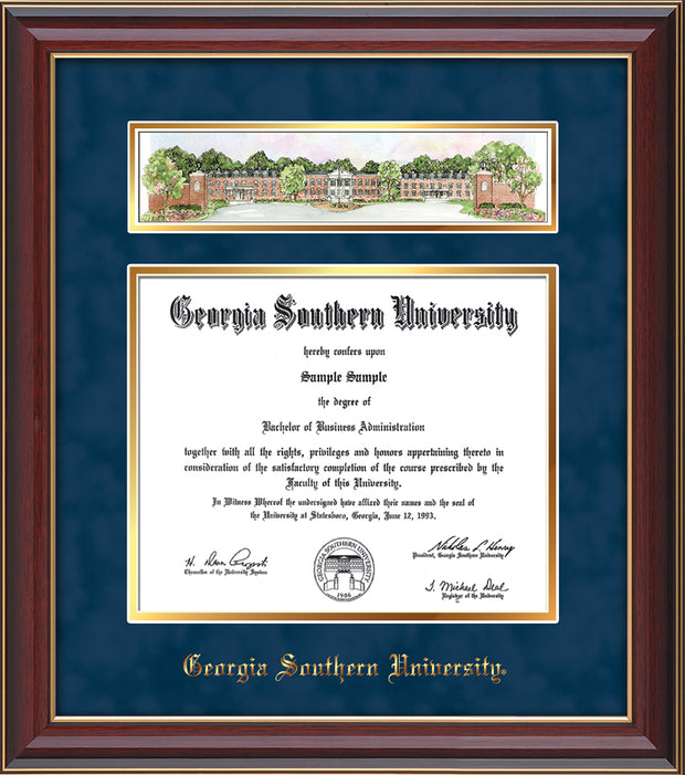 Image of Georgia Southern University Diploma Frame - Cherry Lacquer - w/Embossed School Name Only - Campus Collage - Navy Suede on Gold mat
