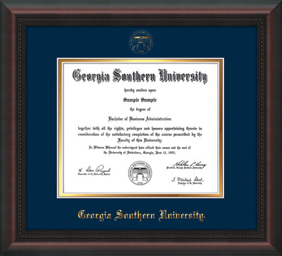 Image of Georgia Southern University Diploma Frame - Mahogany Braid - w/Embossed Seal & Name - Navy on Gold mat