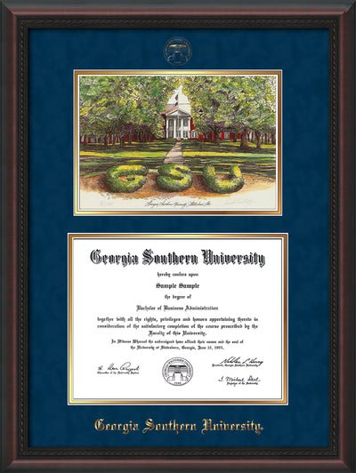 Image of Georgia Southern University Diploma Frame - Mahogany Braid - w/Embossed Seal & Name - Watercolor - Navy Suede on Gold mat
