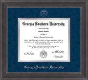 Image of Georgia Southern University Diploma Frame - Metro Antique Pewter - w/Silver Embossed Seal & Name - Navy Suede on Silver mat