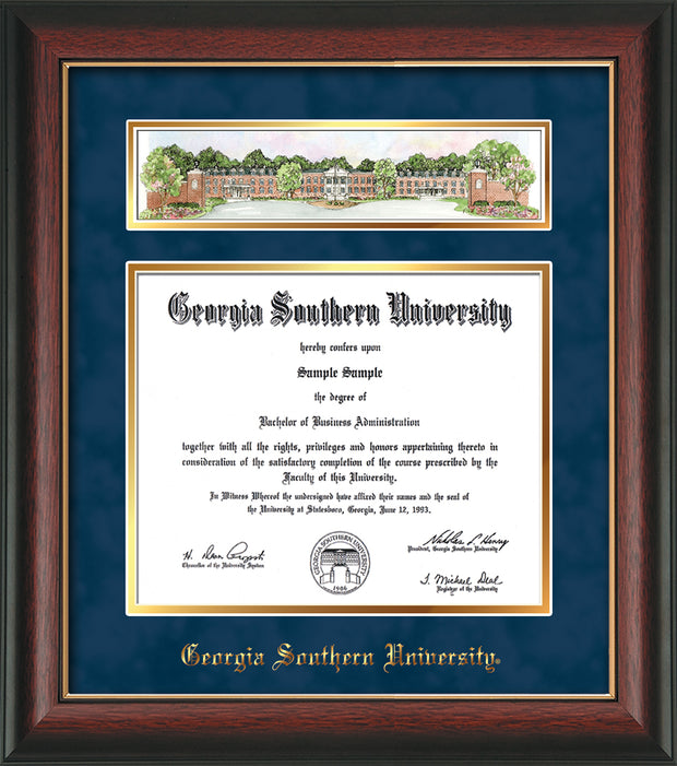 Image of Georgia Southern University Diploma Frame - Rosewood w/Gold Lip - w/Embossed School Name Only - Campus Collage - Navy Suede on Gold mat