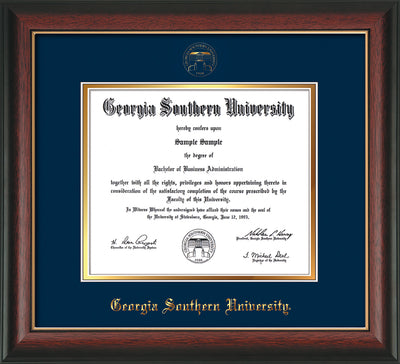 Image of Georgia Southern University Diploma Frame - Rosewood w/Gold Lip - w/Embossed Seal & Name - Navy on Gold mat