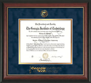 Image of Georgia Tech Diploma Frame - Rosewood with Gold Lip - w/Embossed Seal & Wordmark - Navy Suede on Gold Mat