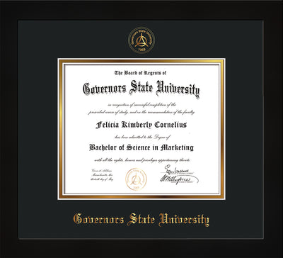 Image of Governor's State University Diploma Frame - Flat Matte Black- w/Embossed GSU Seal & Name - Black on Gold mat