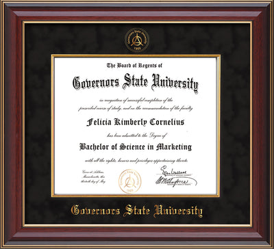 Image of Governor's State University Diploma Frame - Cherry Lacquer - w/Embossed GSU Seal & Name - Fillet - Black Suede mat