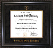 Image of Governor's State University Diploma Frame - Vintage Black Scoop - w/Embossed GSU Seal & Name - Fillet - Black Suede mat