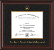 Image of Lake Forest Graduate School of Management Diploma Frame - Mahogany Lacquer - w/Embossed LFGSM Seal & Name - with Museum Glass - Fillet - Black Suede mat
