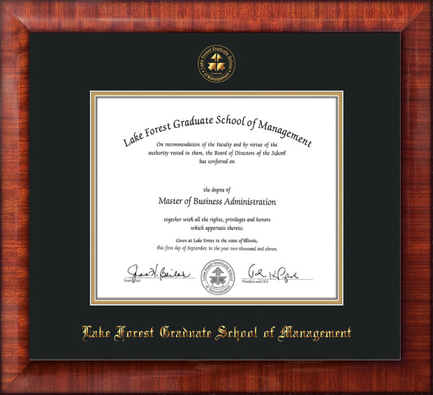 Image of Lake Forest Graduate School of Management Diploma Frame - Mezzo Gloss - w/Embossed LFGSM Seal & Name - with Museum Glass - Black on Gold mat
