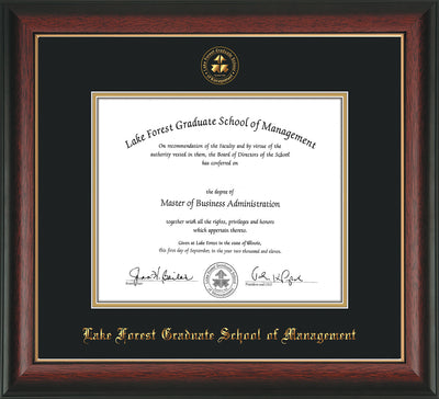 Image of Lake Forest Graduate School of Management Diploma Frame - Rosewood with Gold Lip - w/Embossed LFGSM Seal & Name - with UV Glass - Black on Gold mat