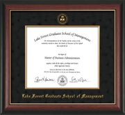 Image of Lake Forest Graduate School of Management Diploma Frame - Rosewood with Gold Lip - w/Embossed LFGSM Seal & Name - with Museum Glass - Fillet - Black Suede mat