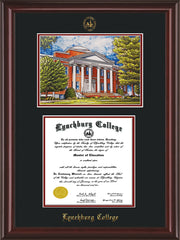 Image of Lynchburg College Diploma Frame - Mahogany Lacquer - w/Embossed LC Seal & Name - w/Campus Watercolor - Black on Crimson mat